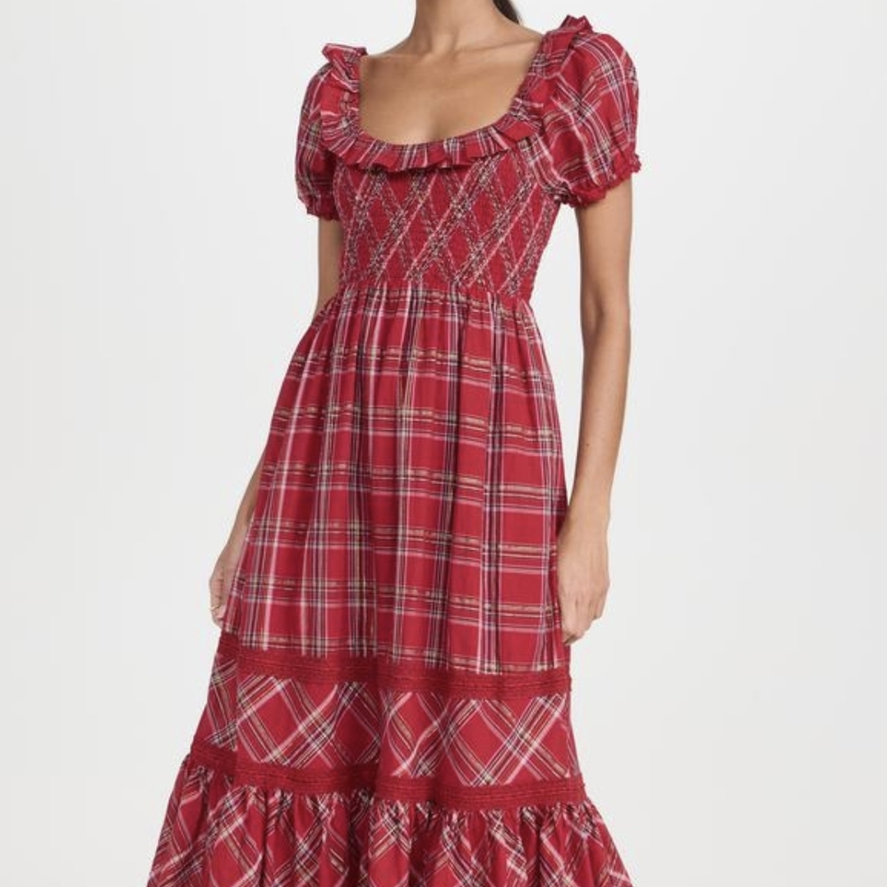 LoveShackFancy Gerania Red Plaid Midi Dress